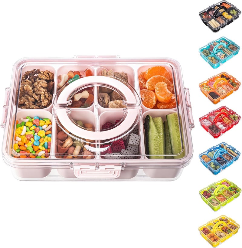 Dingerjar Divided Serving Tray with Lid and Handle - Snackle Box Charcuterie Container for Portable Snack Platters Organizer for Candy, Fruits, Nuts, Snacks - Perfect for Party, Entertaining, Pink - Image 1